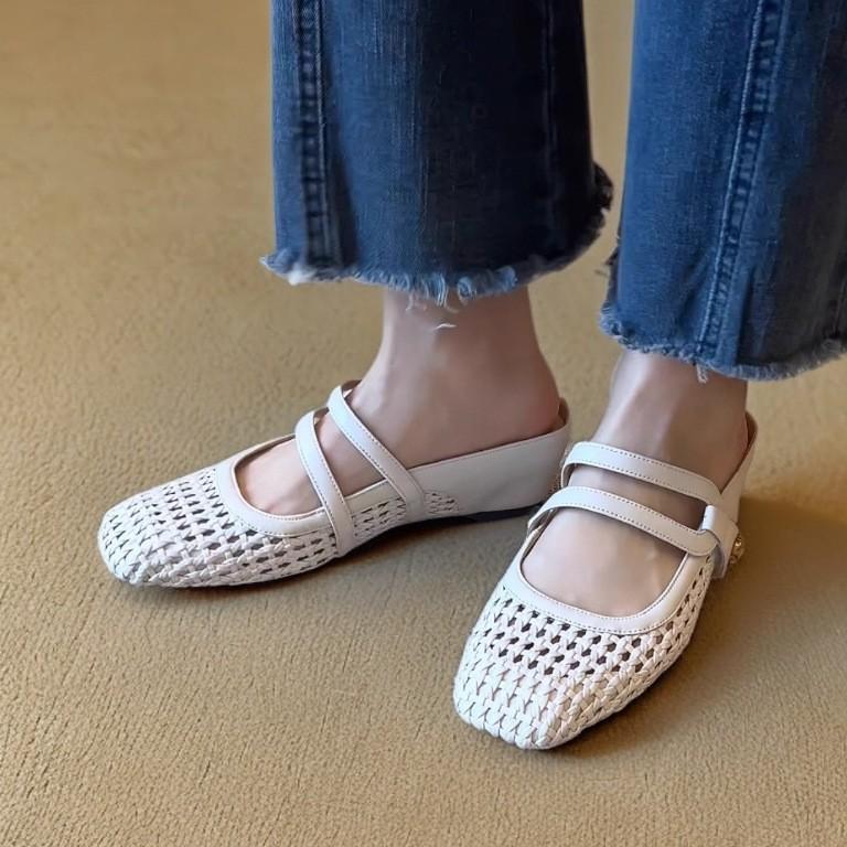 British Slope Heels Slippers Casual Summer New Hole Shoes Mary Jane Grandma Shoes Woven Round Toe Versatile Slippers