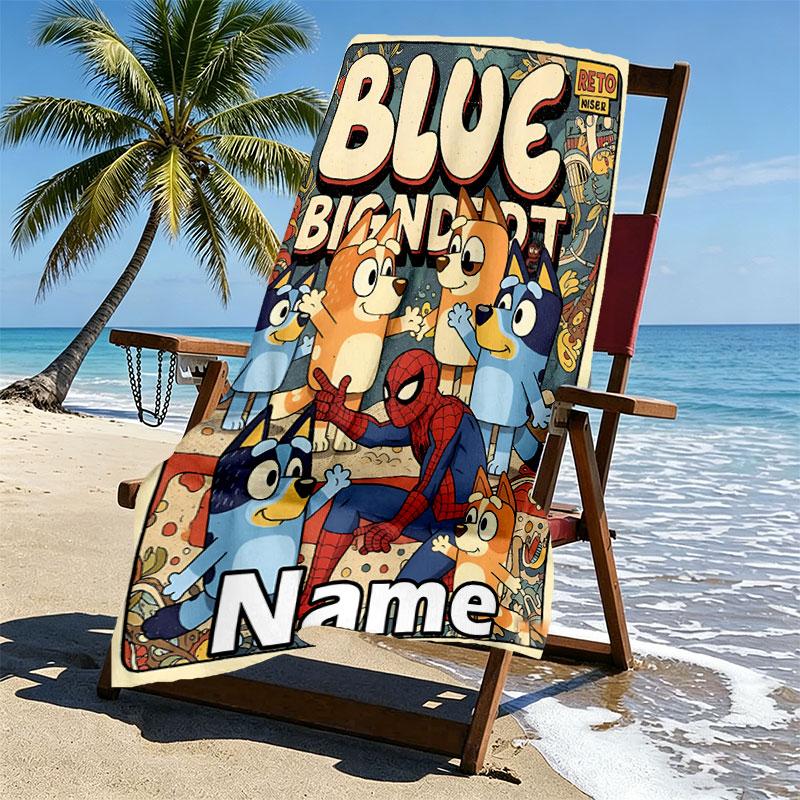 Custom Name Personalized Bluey Print Beach Towel, for Trip Camping Beach Party Home Decor, Birthday Gift for Family & Friends