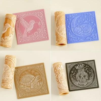 Květinová lebka Hliněná dlaždice Váleček Hliněná textura Váleček Keramický tisk Polymerové texturované válečky Keramika DIY Nástroje Ruční práce