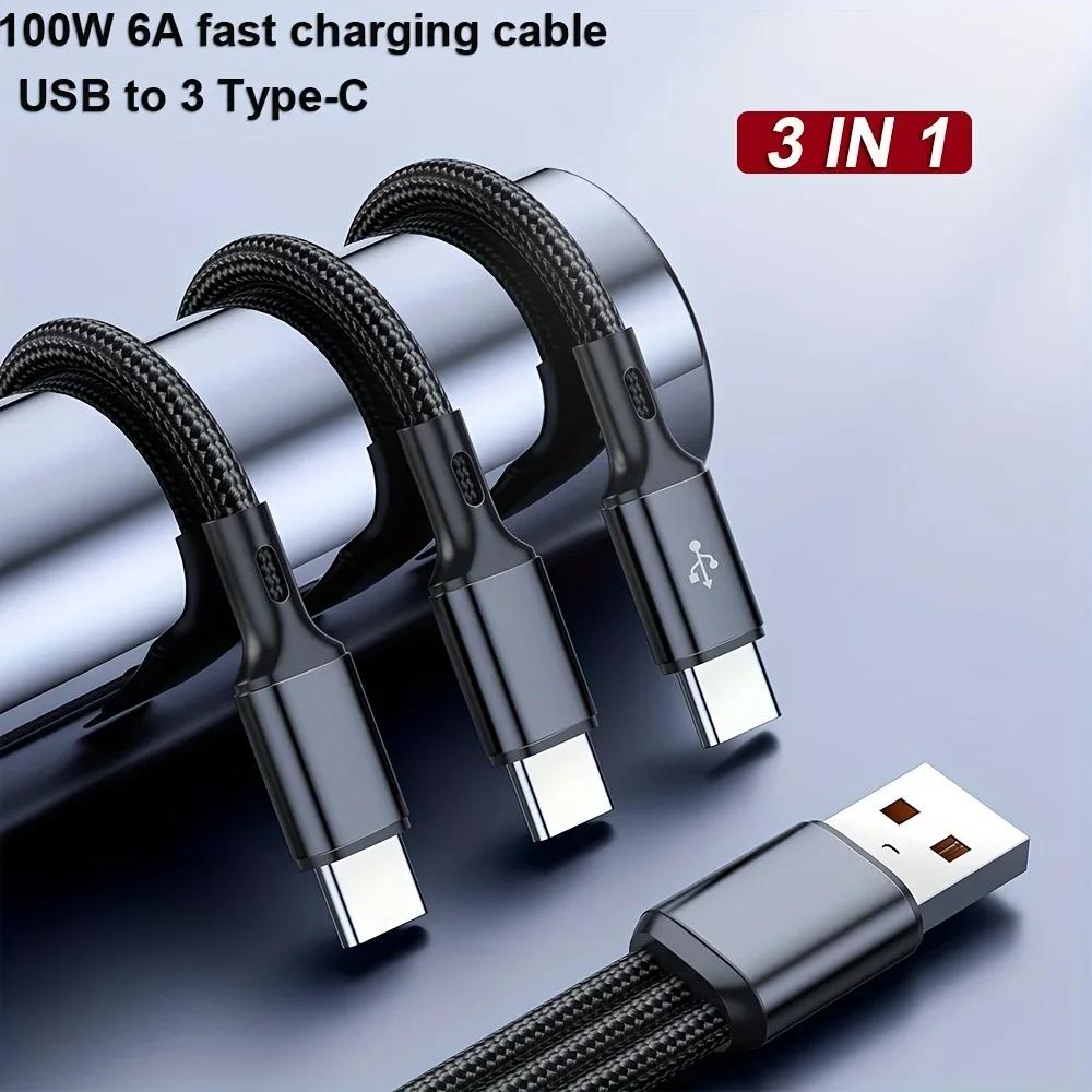 100W 6A 3 in 1 USB-A to 3 ×Type-C Fast Charging Cable For Samsung Galacy S24 Xiaomi Redmi Huawei Multi-port USB C Charge Cable