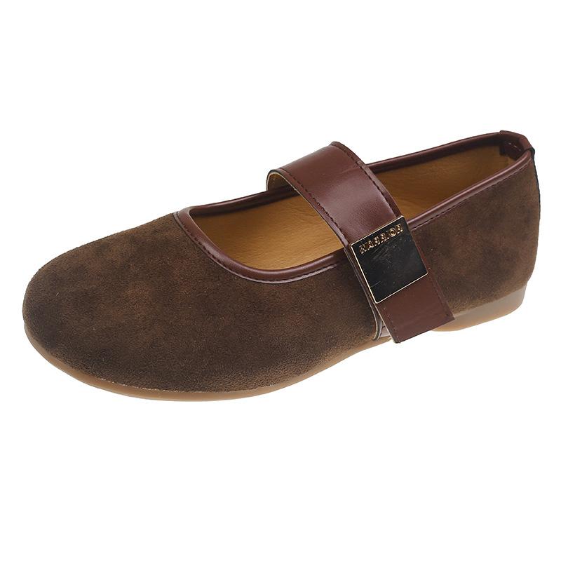 Retro Wildleder Mary Jane Schuhe für Damen 2025 Frühling neu flacher Mund Ein-Wort-Riemen flache Sohle Schuhe mit Rock Oma-Schuhe