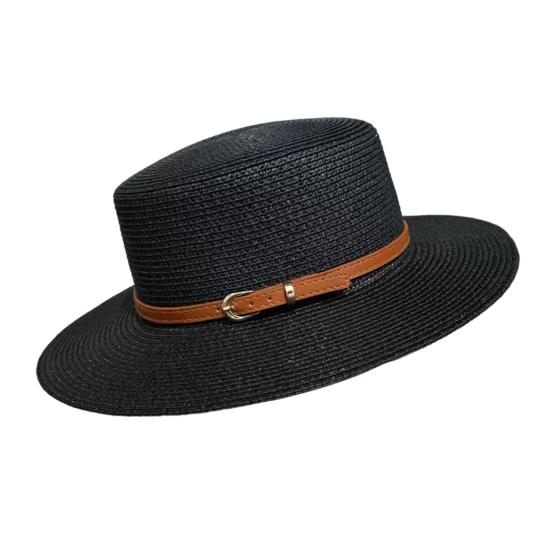 Straw Hat Wide Brim Flat Faux Leather Strap Top Design Metal Buckle Decor Sun Hat Beach