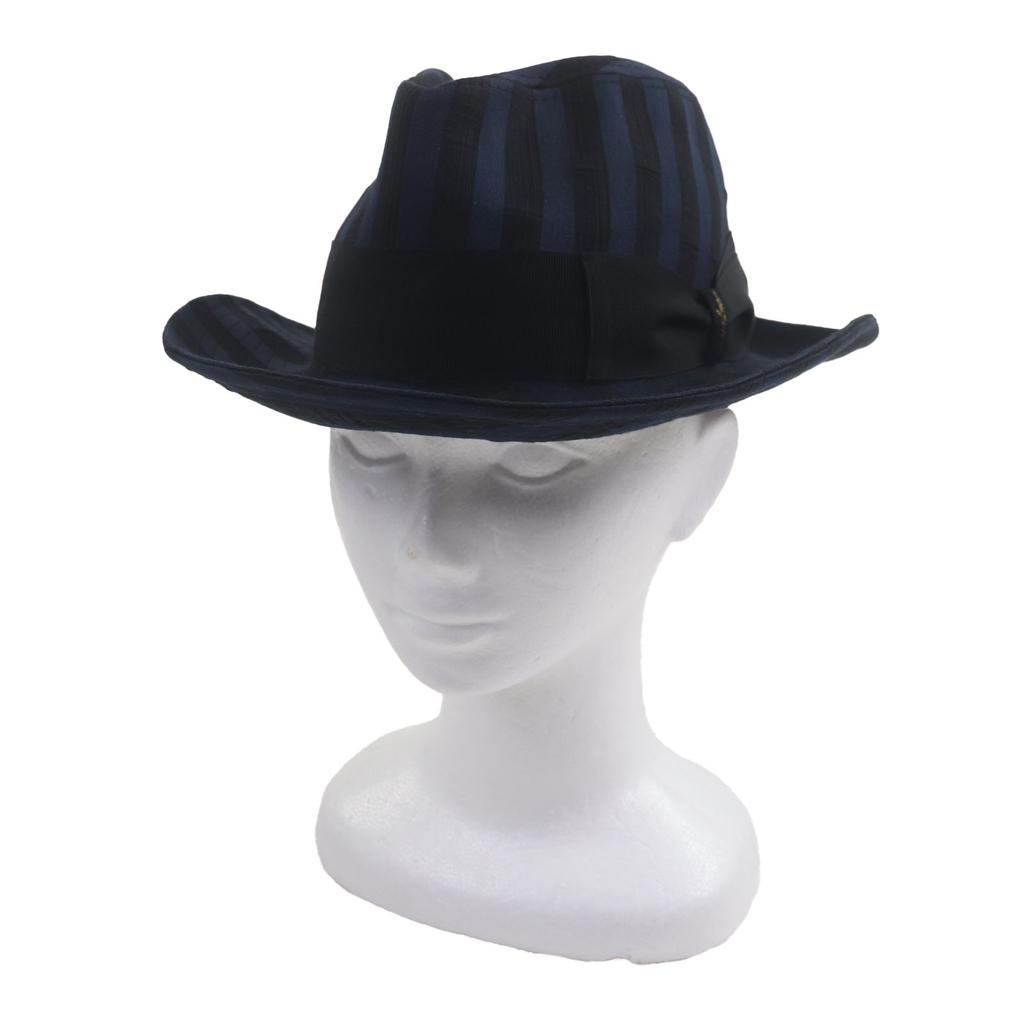 Great Borsalino hat Stripe Pattern Logo Ribbon Fedora Navy black cotton mens 57 Used