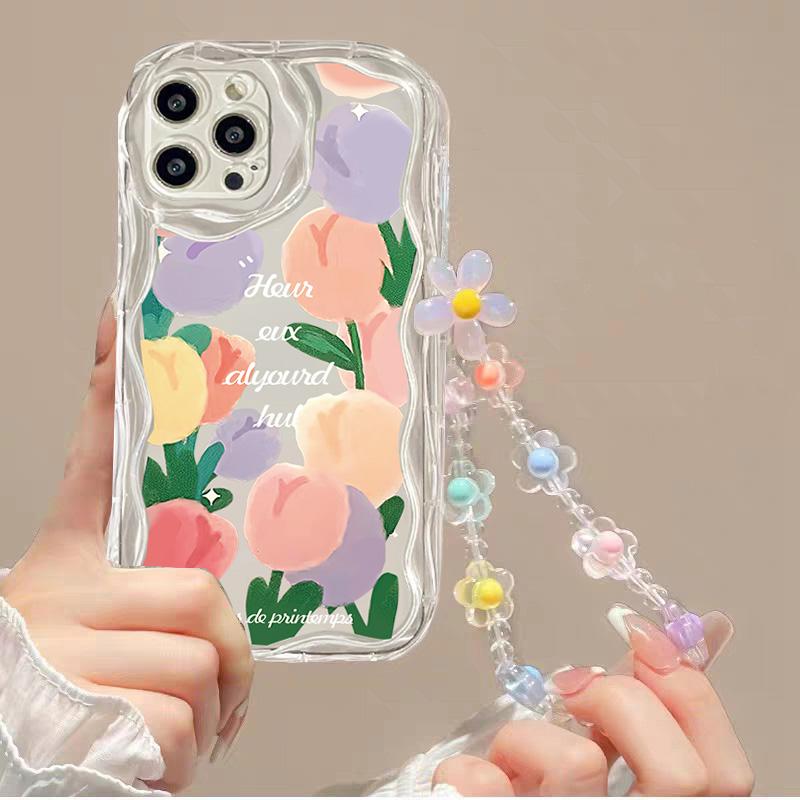 Case For Google PIXEL 9 10 PRO XL 8 7 PRO 8A 7A 5G Floral Flower Print Wrist Chain Wavy Edge Soft Cover