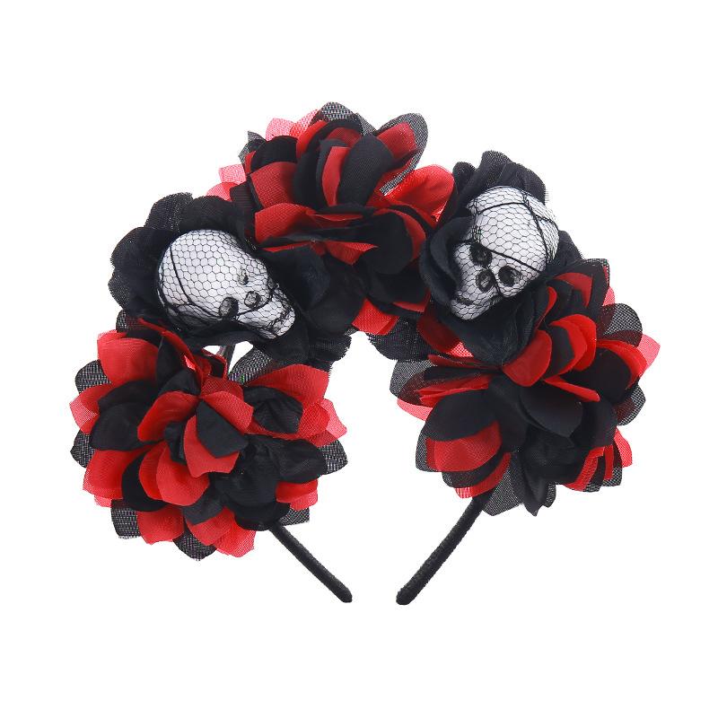 Halloween Headbuckle Undead Holiday Headgear Black and Red Simulation Flowers Skull Party Headband