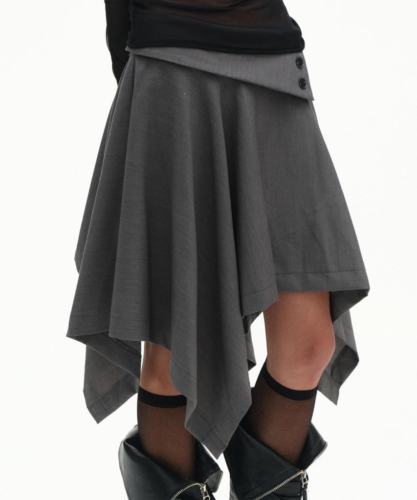 Place Studio Double Button Drape Layered Midi Asymmetrical Flare Skirt _2 Colors