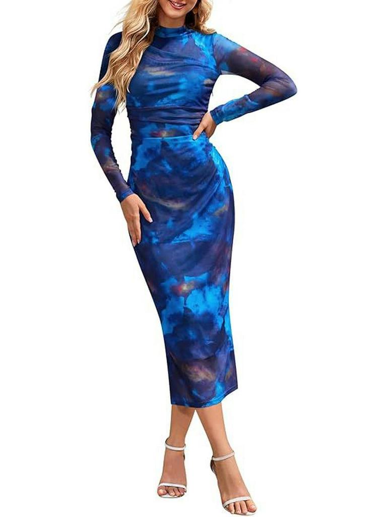 Women's Long-Sleeve Tie-Dye Pleated Cocktail Dress with Stand-Up Collar