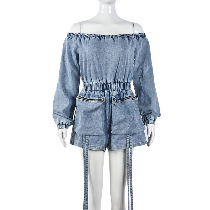 Western Style Personality Multi-pockets Denim Sexy Wash Short Elastic Wrap-around Elastic Waist 9822 One-Piece Clothes and Trousers
