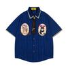 Cartoon Embroidered Short-sleeved Shirt Summer Fun American Retro Vertical Striped Casual Shirt Men and Women Loose Top