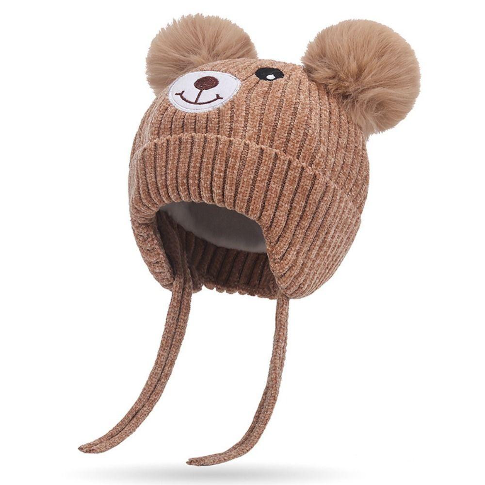Hooded Scarf Bear Knitted Hat Winter Pompom Baby Hat Fleece Lining Earflap Cap Toddler Beanie