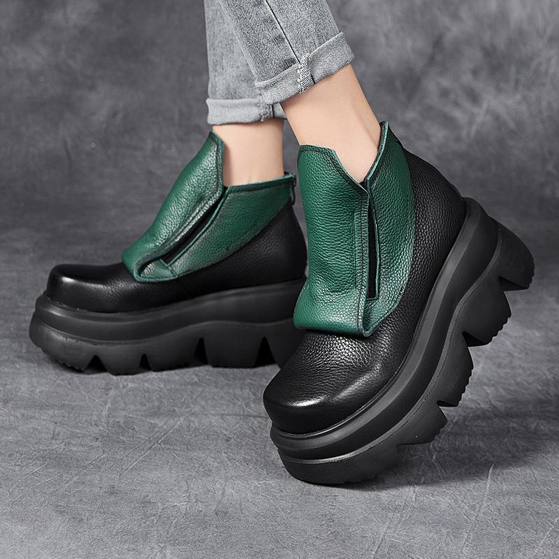 Fashion GKTINOO Handmade Wedges Boots Platform Women Genuine Leather Short Boots Round Toe Height Increasing Thick Sole Ladies Shoes