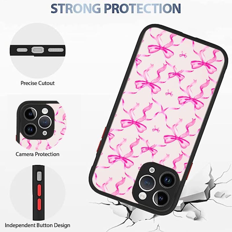 Compatible for iPhone 12 Case, Aesthetic Pink Ribbons and Bows in Watercolor Print Art Thin Soft Black TPU +Tempered Mirror Protective Case