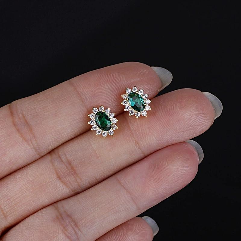 E463 Trendy Christian All-Body S925 Sterling Silver 14K Gold Plated Stud Earrings Set Green Gemstone Zircon Simple Versatile