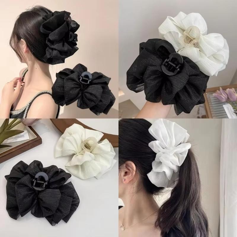 Mode Große Schwarz Weiß Netz Schleife Haarkralle Haarspange Damen Koreanisch Süß Wolke Plissiert Haifischklemme Haaraccessoires