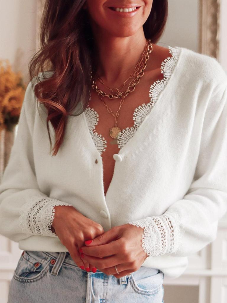 Elegant Lace Patchwork V-neck Knit Cardigan - Autumn Fashion for Women
