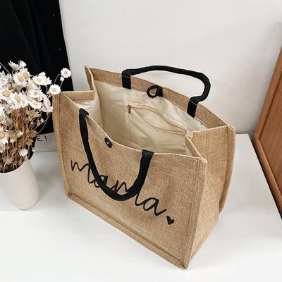 Linen Tote Bag for Women, Large Capacity Mama Shoulder Bag with Love & Lettering, Durable Beach Travel Shopping Bag