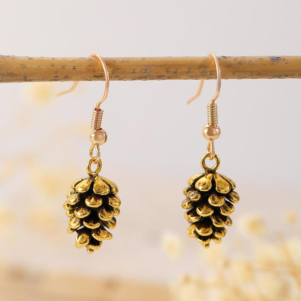 Retro Pine Cone Branch Earrings - Silver & Gold Dangle, European-American Autumn/Winter Fashion for Women