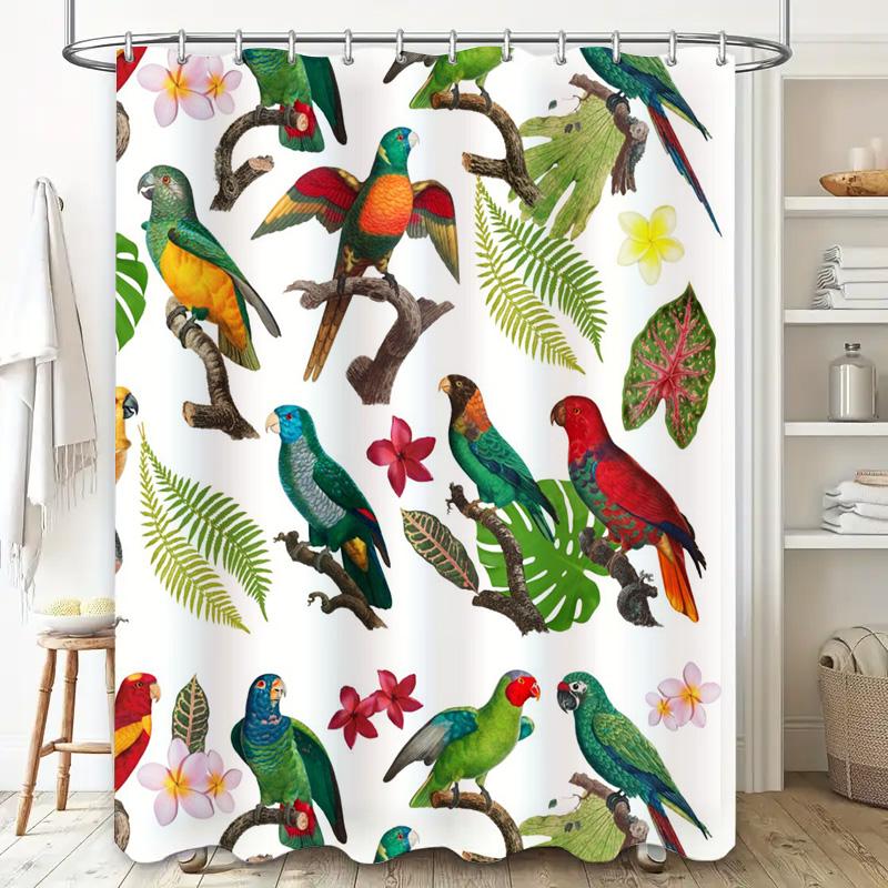 Vivid Parrot Shower Curtain: Waterproof Fabric with Tropical Bird Design Decorative Bath Rug Made from Recycled Plastic