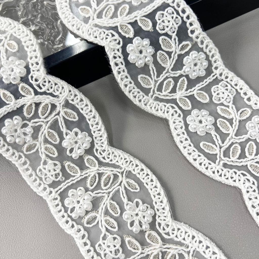 White Organza Strand Beads Three-Dimensional Flower Embroidery Barcode Clothing Cuffs Belt Decorative Lace Accessories