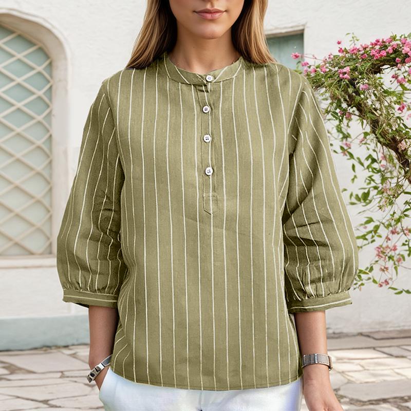 ZANZEA Women Casual Stand Collar Loose 3/4 Sleeve Stripe Blouse