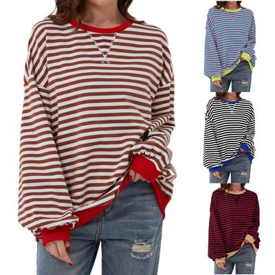 Übergroßes, gestreiftes, farbblockierendes, langärmliges Sportshirt mit Rundhalsausschnitt für Damen, lässiges, locker sitzendes Pullover-Shirt