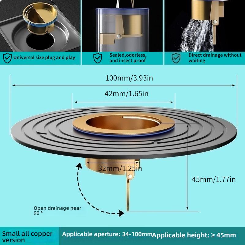 Adjustable Copper Core Drain Cover, Anti Odor Bathroom Kitchen Sink, 32-100mm Fit, Golden