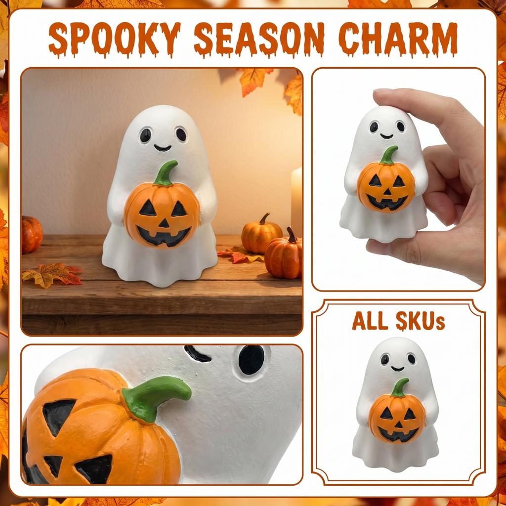 Resin Ghost Holding Pumpkin Figurine Halloween Tabletop Decoration for Home Office Party Indoor Outdoor Display