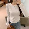 Short curved hem top women's spring waist fold front shoulder simple versatile long-sleeved shirt base
