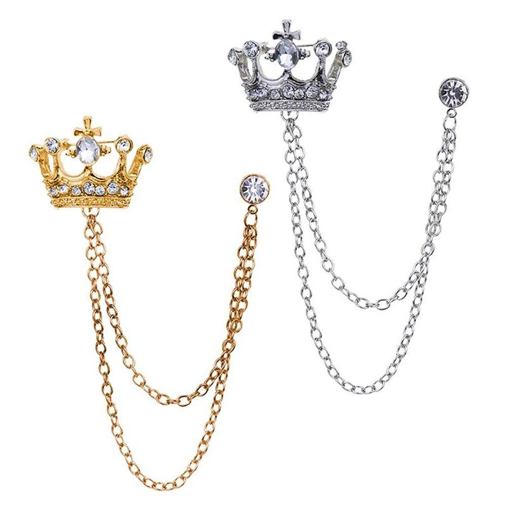 1Pcs Temperament Chain Brooch Crown Rhinestone Lapel  For Women Dress Mens Shirt Suit Set