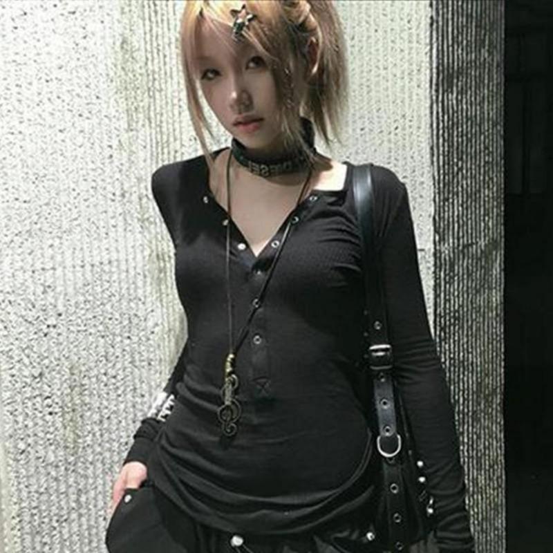 2KWEIRD Y2k Japanese T Shirt Women Lace Long Sleeve Print Graphic Tops Streetwear American Retro 90s Crop Tops