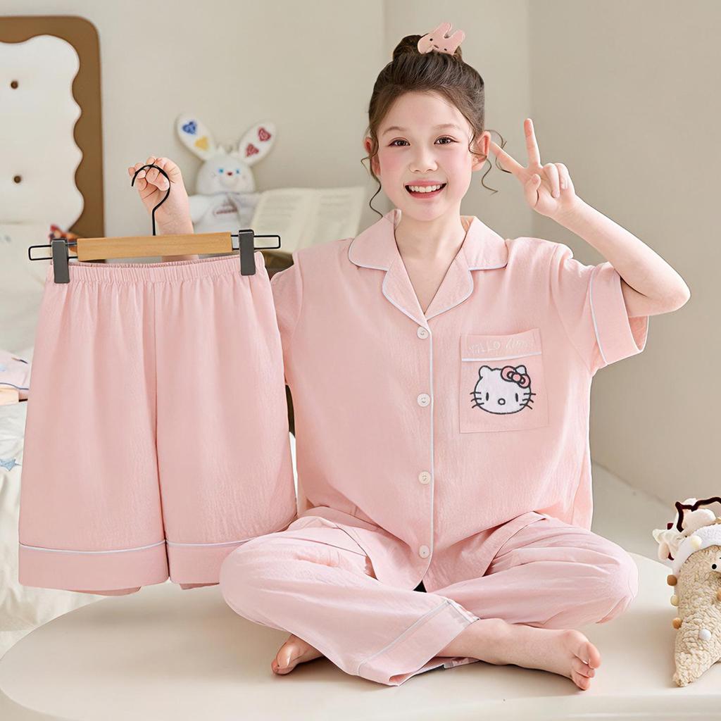 Girls' Lightweight Summer Pajamas: 2026 Ice Silk Three-Piece Set for Medium & Large Children
