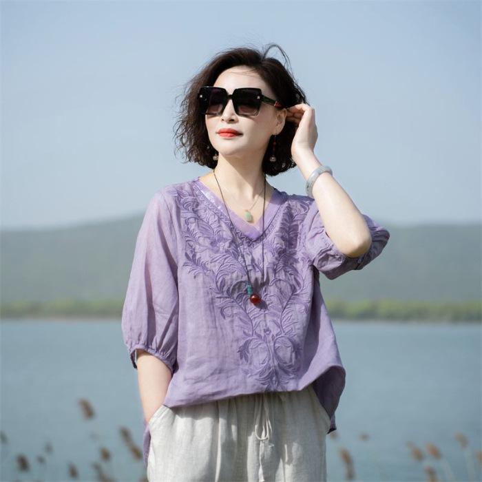 

Летняя рубашка из хлопка и льна премиум-класса с вышивкой для женщин — элегантные, легкие, универсальные топы для мам среднего возраста 3XL (155-170 jin)