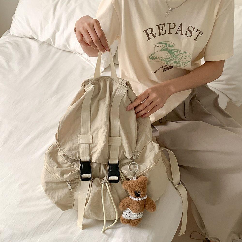 Solid Color Ruched Shoulder Bags Light Weight Student Schoolbag Drawsting Backpacks  Men Women