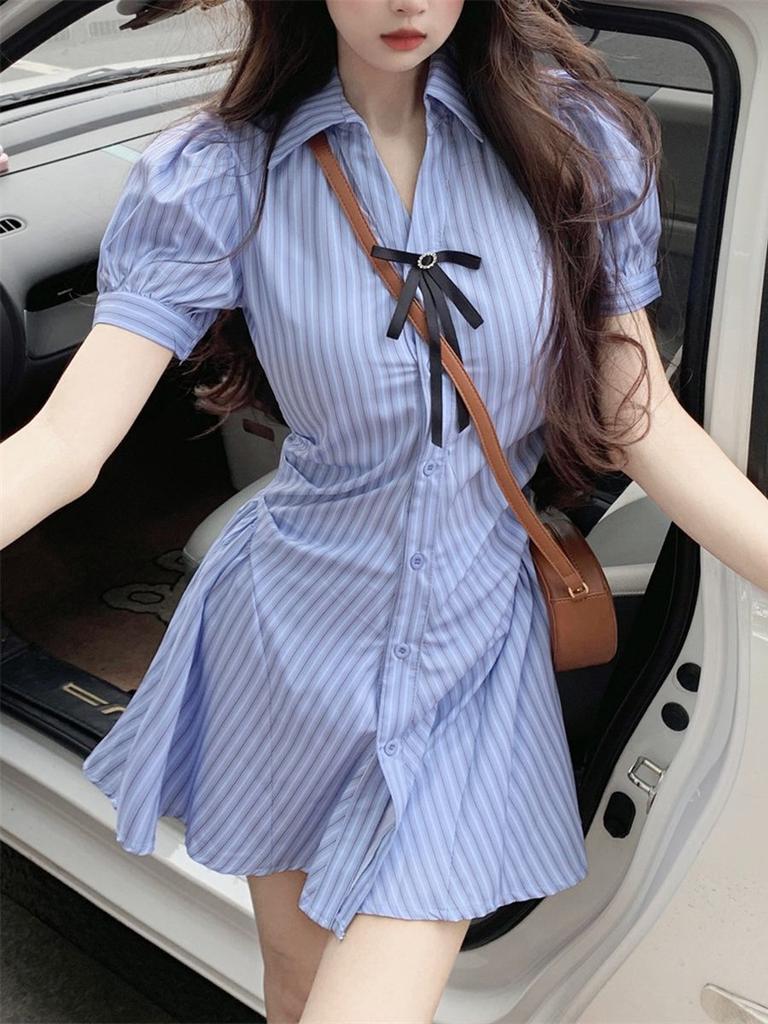 Fashion Hong Kong Style Versatile Blue Striped Dress Women's Summer Fat Mm Design Sense To Cover the Belly and Show Thinness Shirt Skirt Set