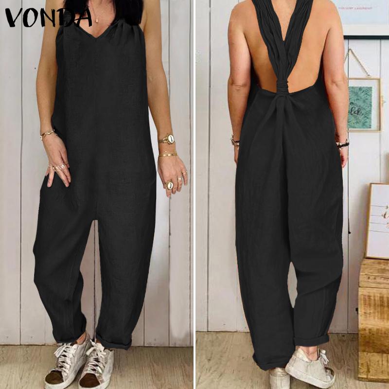 VONDA Women's Sleeveless Romper Jumpsuit V Neck Solid Casual Cotton