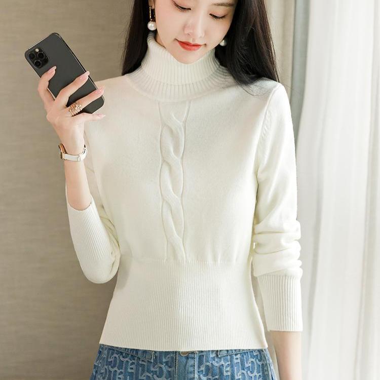 Women's turtleneck Sweater Autumn Winter Short Solid Color Elastic Knitted Top Slim Fit Pullover Knitted Sweater.