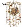 Vintage Christmas Train Pendant Wind Chime with Crystal Bead Chain, Cat Car/Owl Xmas Tree Hanging Decor Pattern Design, Retro Ornament for Home Garden