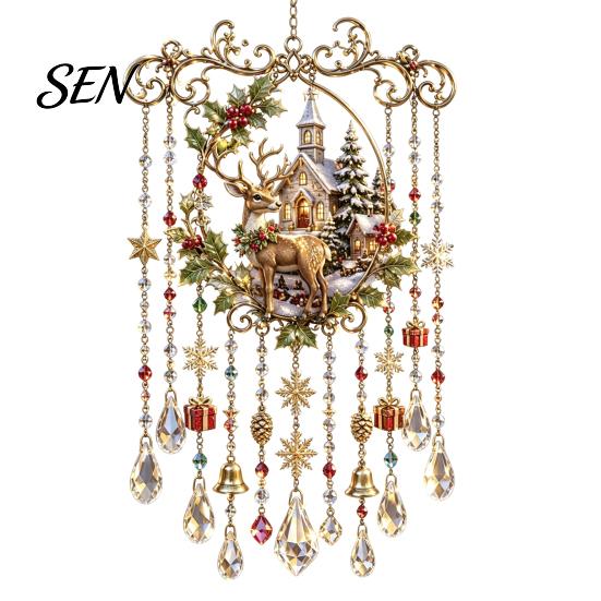 Vintage Christmas Train Pendant Wind Chime with Crystal Bead Chain, Cat Car/Owl Xmas Tree Hanging Decor Pattern Design, Retro Ornament for Home Garden