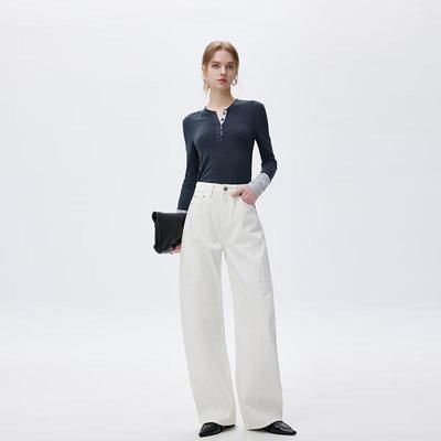 Fengxun Women's Ivory White Wide-Leg Jeans