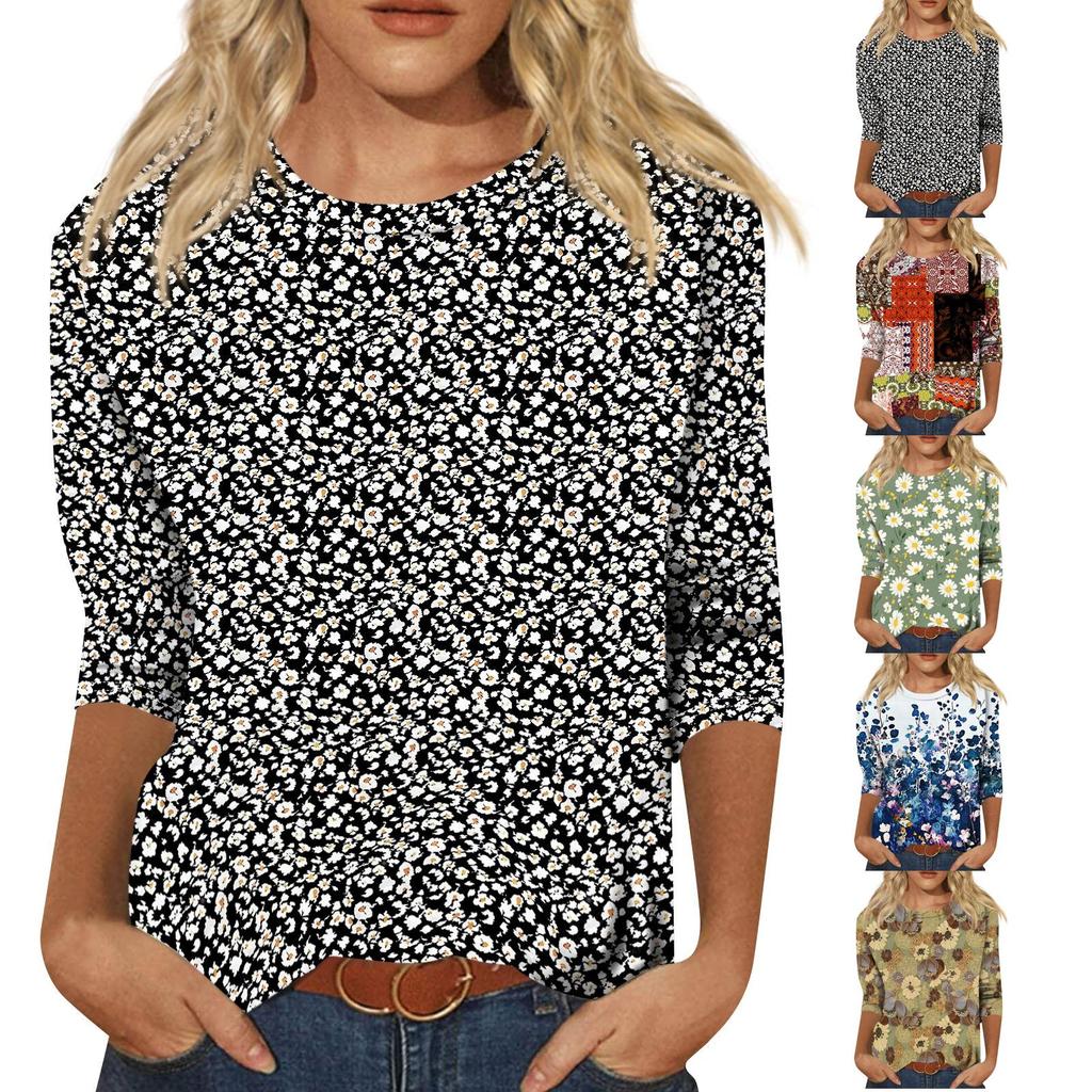 Damen Blume Muster Freizeit Drei Viertel Ärmel Rundhals Oberteil Leicht Bequem Bluse für den Alltag