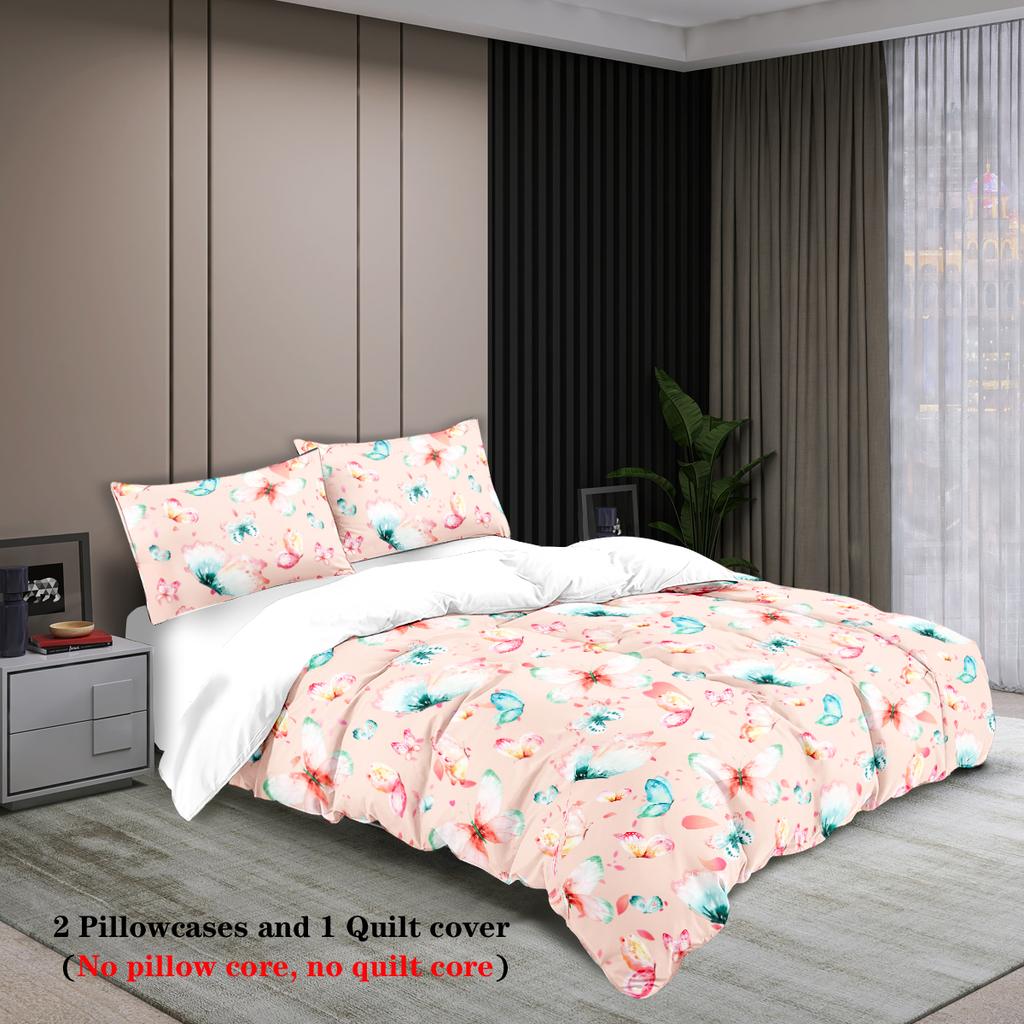 3-piece set, watercolor butterfly pattern printed bedding set, queen, king, double bed, for bedroom, guestroom, hotel
