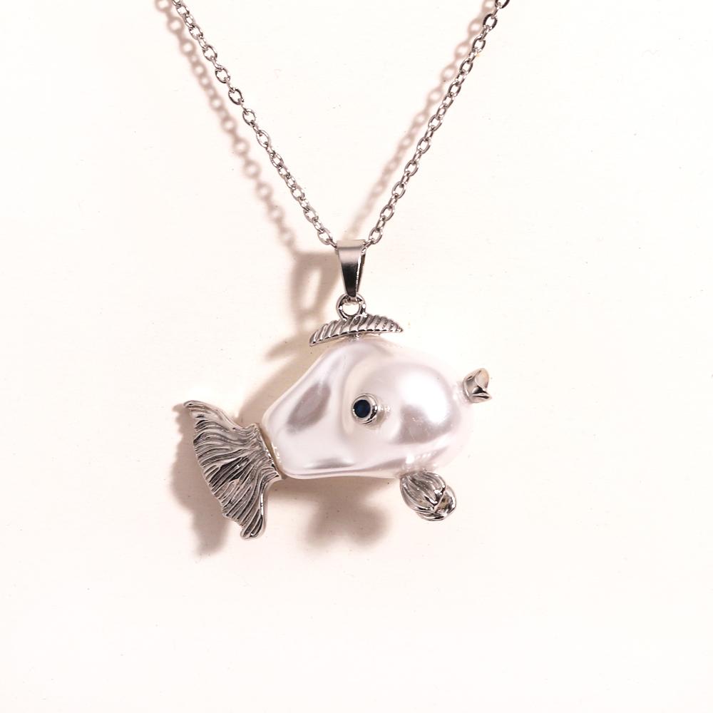 Stainless Steel Chain Ocean World Clownfish Necklace White Pearl Headfish Pendant Accessories Clavicle Chain Women's Gift
