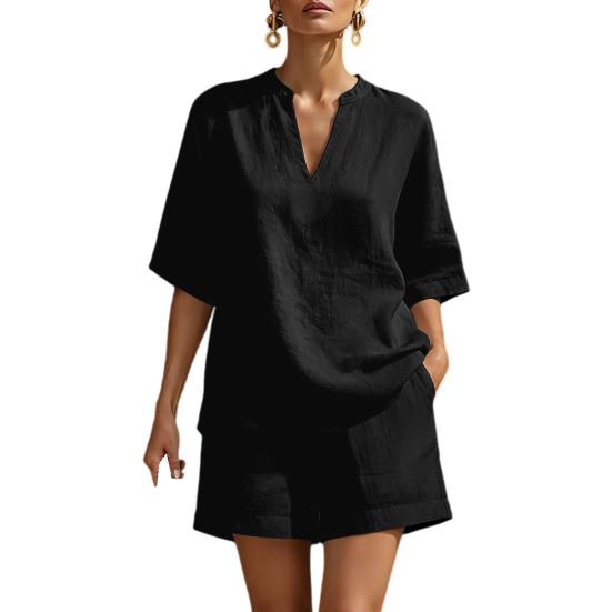 

Women 2 Piece Outfit Summer Short Sleeve V Neck Pullover Top And Shorts Matching Sets Casual Vacation Travel Lounge Set L чорний