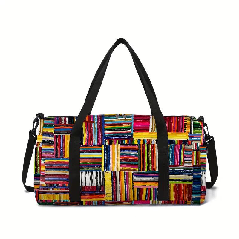 Colorful Striped Grid Large Capacity Luggage Bag for Boy and Girls Best Gifts 2D Cartoon Travel Duffels Hand Bag for Children