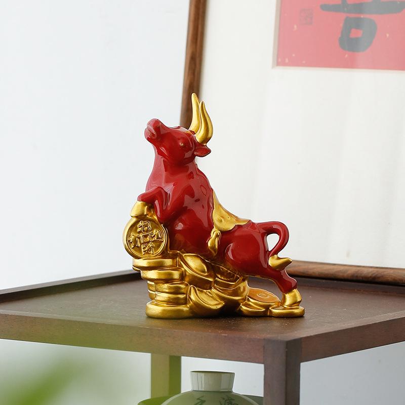 Feng Shui Wealth Ox Statue Ceramic Figurine Money Luck Charm for Home Office Desk Decor Bullish Vibe Gift for Career Success
