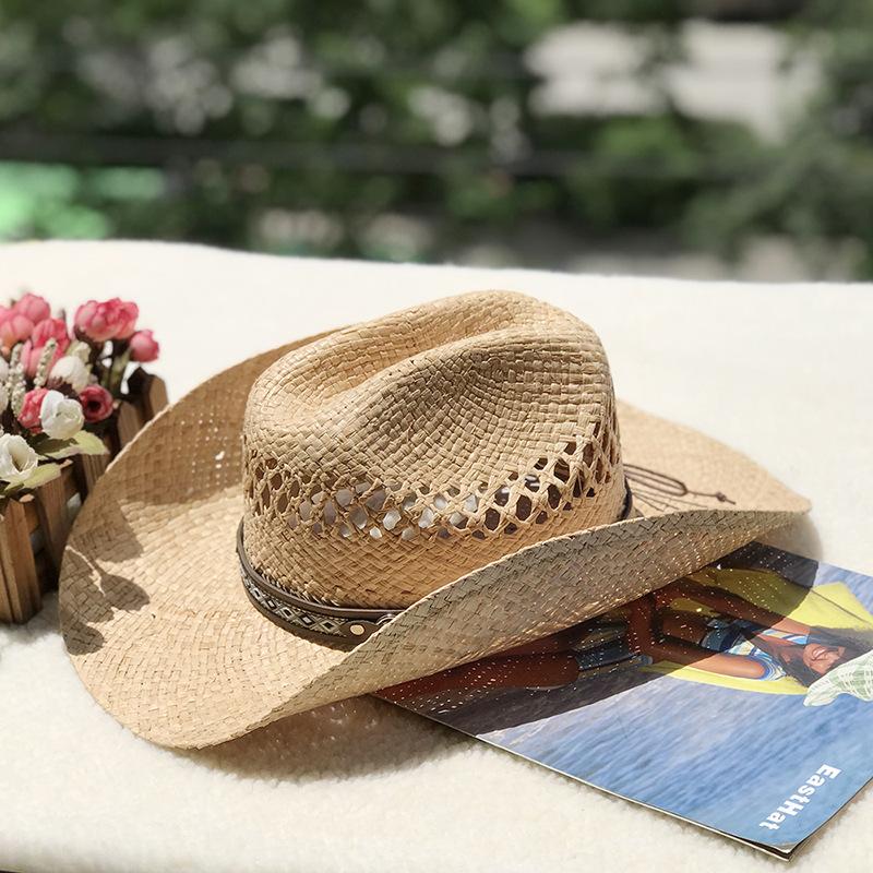 Western Cowboy Hat, Travel Sunshade And Sunscreen Hat, Raffia Hand-Woven Crimped Hat
