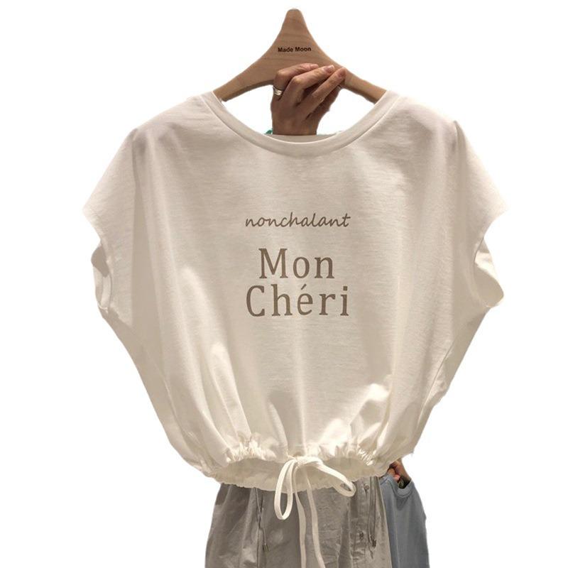 Korean Dongdaemun Summer Cotton Loose Batwing Top with Waist Tie and Letter Print