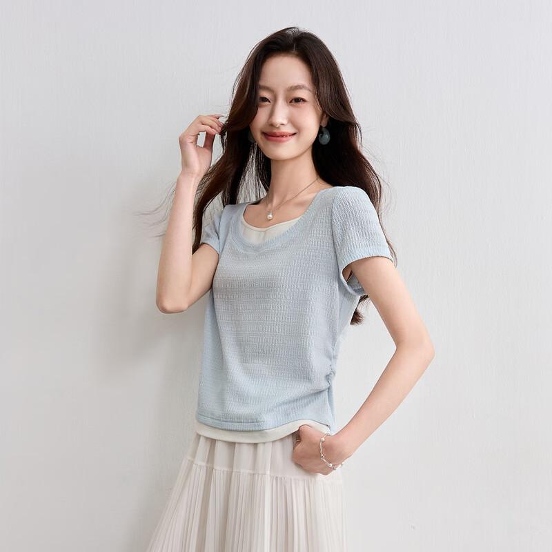 Shangdu Bila Women's Color Block Textured Short Sleeve T-Shirt