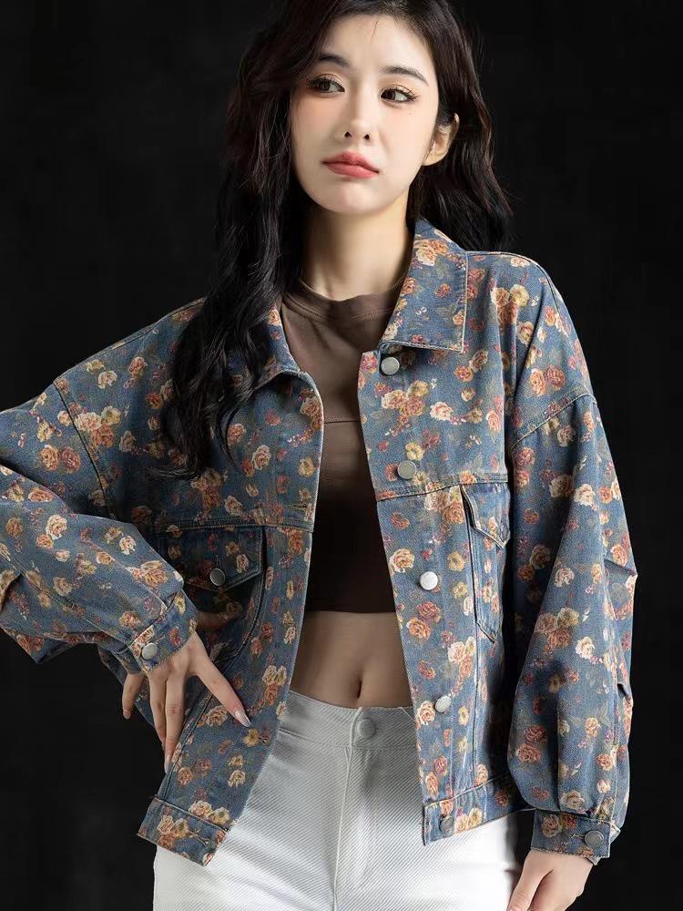 Giacca di jeans stampata da donna Primavera 2025 - Top corto Petite per la moda primaverile e autunnale