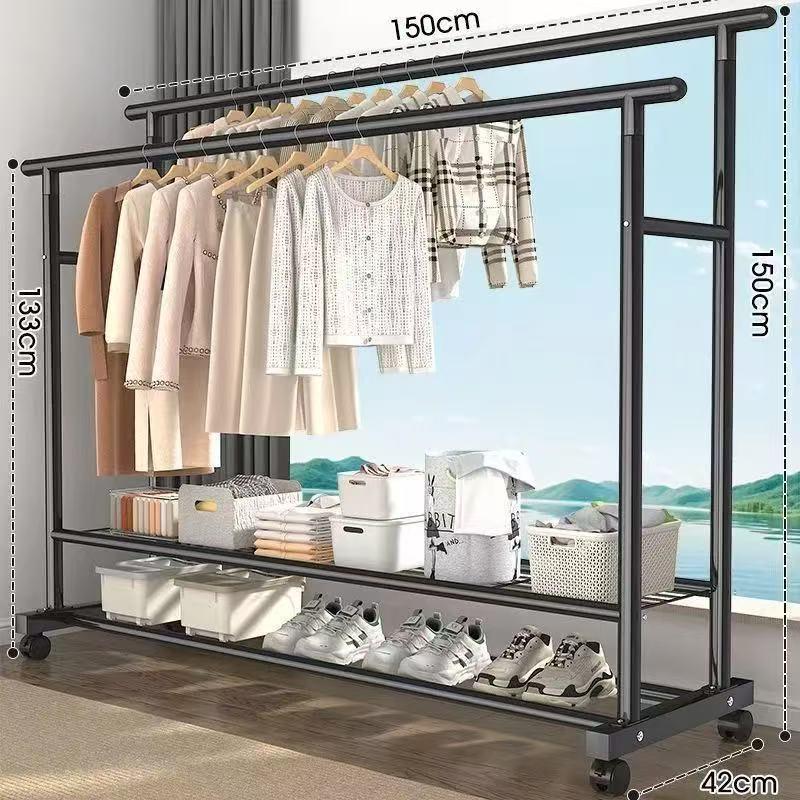 Sturdy Double Bar Wardrobe Rack for Dorms: Floor-Standing, Dual-Layer Clothes & Hat Hanger for Bedrooms and Balconies.